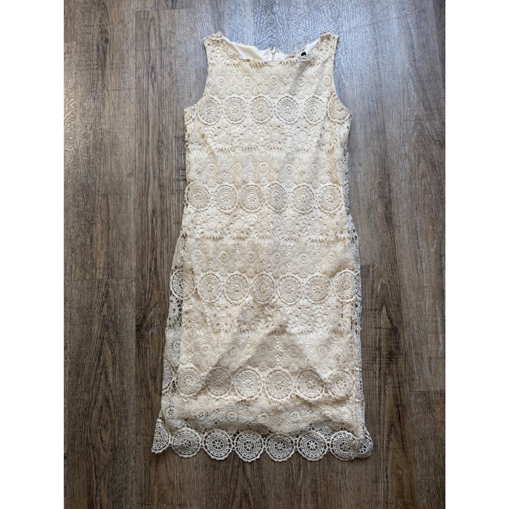 Alex Marie Cream Ivory Crochet Lace Sheath Dress Sleeveless Scalloped Hem Size S